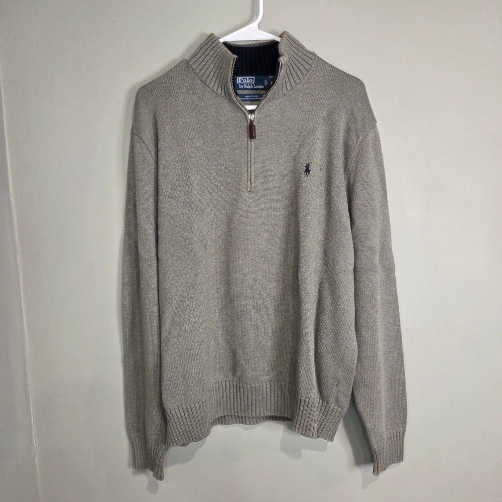 Polo Ralph Lauren Quarter Zip Pullover Sweater M XL Gray Cotton Knit Mock Neck